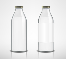 Set of glass bottles with milk isolated. Milk bottle in realistic style. Package mockup design ready for branding. vector illustration