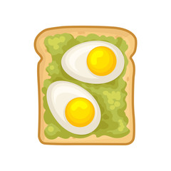 Flat vector icon of delicious sandwich. Fresh rye bread with avocado and halves of boiled egg. Appetizing snack for breakfast
