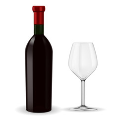 Bottle of red wine with empty glass