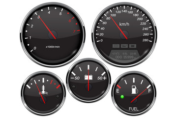 Car dashboard 3d gauges. Speedometer, tachometer, fuel gauge, temperature and accumulator charge device - obrazy, fototapety, plakaty