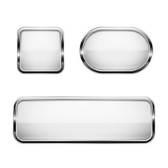 White glass buttons with chrome frame. 3d icons