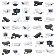 CCTV security camera. Large collection of black and white surveillance devices