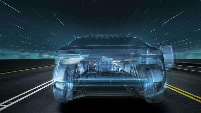Autonomous driving. Future car running road, automotive. 4k animation.