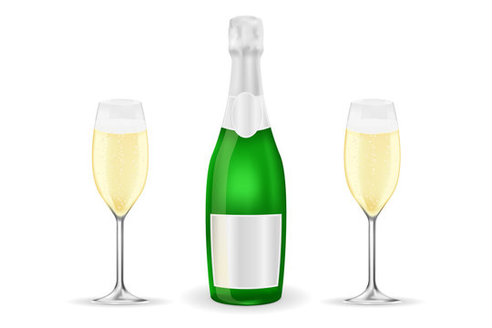Bottle and two glasses of sparkling wine or champagne