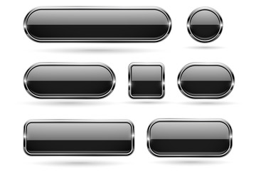 Black glass buttons with chrome frame. 3d icons