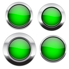 Green buttons with chrome frame. Round glass shiny 3d icons