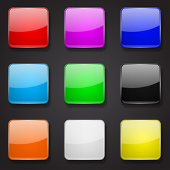 Colored glass 3d buttons. Square icons on black background