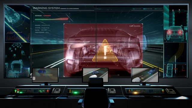 Main traffic control room, Autonomous driving. Road Lane alert Artificial Intelligence, IoT connect automotive. 4k animation.