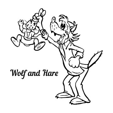 Cartoon character, wolf caught a hare, black on white background,