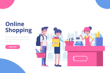 People Shopping in supermarket. Flat Vector character woman cashier in supermarket. Online shopping concept. Healthy food, cash register and buyers.