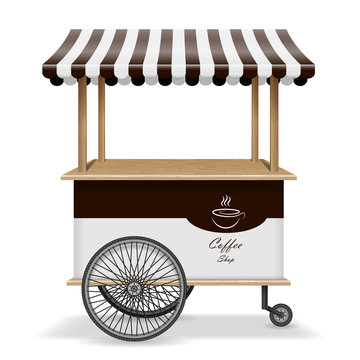 Realistic street food cart with wheels. Mobile coffee market stall template. Hot coffee kiosk store mockup isolated. Vector illustration