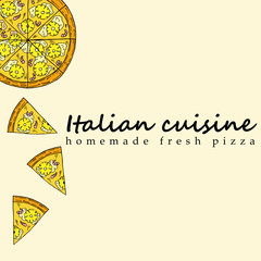 Hand drawn illustration of pizza in cartoon style. Perfect for menu, card, textile design