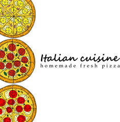 Hand drawn illustration of pizza in cartoon style. Perfect for menu, card, textile design