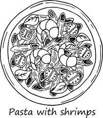 Hand drawn illustration of pasta in cartoon style. Perfect for menu, card, textile design