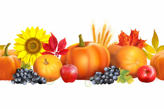 Seamless decorative border with pumpkins, autumn leaves and fruits for harvesting time. Isolated on white. Vector illustration.