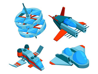 Spaceships isometric. Building technology of various types of ships cargo warship bomber and aerial 3d vector low poly spaceships isolated. Illustration of spaceship and rocketship transport isometric