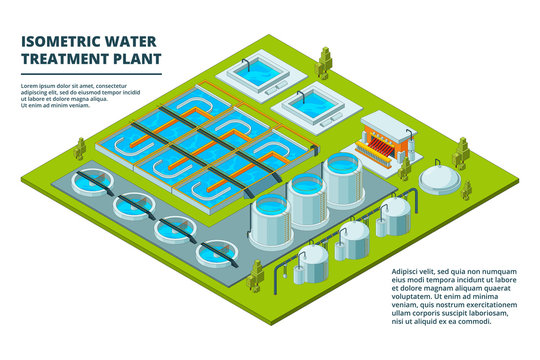 Water cleaning factory. Sewage treatment purification industry watering pipe systems and processes vector isometric pictures. Purity and storage purification, recycle industrial water illustration