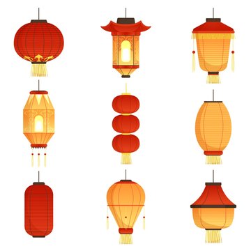 Asian Cartoon Lanterns. Chinese And Chinatown Festival Papers Lanterns Vector Illustrations. Holiday Chinese Elements, China Asian Lamp Paper