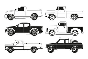 Pickup truck silhouettes. Black pictures of various automobiles. Transport pickup 4x4 collection, monochrome black, vector illustration - obrazy, fototapety, plakaty