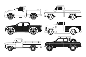 Deurstickers Pickup truck silhouettes. Black pictures of various automobiles. Transport pickup 4x4 collection, monochrome black, vector illustration © ONYXprj
