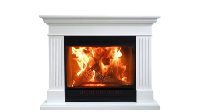 Burning Wood In Fireplace Isolated On White Background