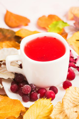 Hot red drink with colorful dry leaves around cup with cranberry