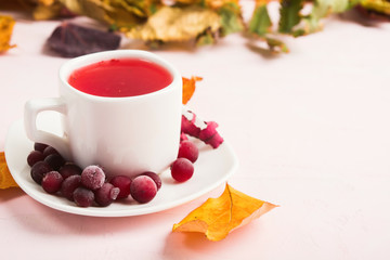 Autumn composition with red healthy cranberry hot drink and dry decoration leaves over pink background