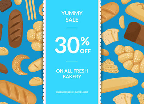 Vector cartoon bakery elements sale poster background with ribbons and shadows with place for text illustration. Bakery sale, food shop discount banner - Powered by Adobe