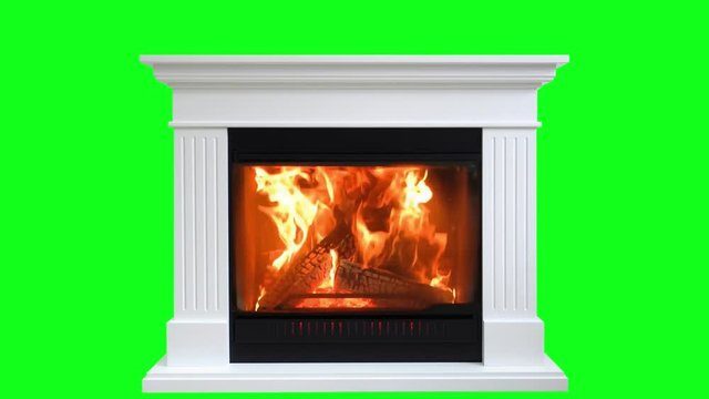 Burning Wood In Fireplace Isolated On Green Screen. Perfect For Your Own Background Using Green Screen