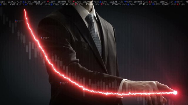 Businessman touched screen, various animated Stock Market charts and graphs. decrease red line. 4k animation.