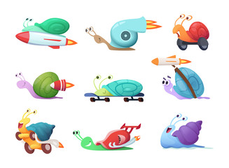 Snails cartoon characters. Slow sea slug or caracoles vector illustrations. Speed and fast snail character, slime insect collection