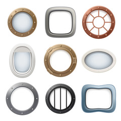 Plane window. Ship boat round glass portholes aircraft interior vector realistic 3d collection. Illustration of window porthole, hole fuselage spaceship