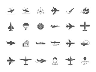 Airplane black icons. Jet aircraft military forces and civil aviation travel vector symbols. Airplane aviation, aircraft and flight transportation, travel airline illustration