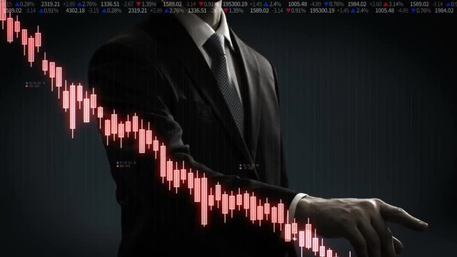 Businessman touched screen, various animated Stock Market charts and graphs. decrease red digital chart. 4k animation.