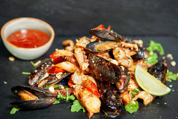 Fine cuisine seafood in restaurant. Delicious food