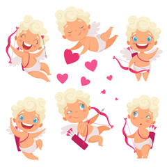 Amur baby angel. Cute funny cupid little god eros greece kids with bow heart hunters romantic vector pictures. Valentine angel with heart, cupid love amur illustration