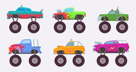 Monster truck. Big wheels of scary car automobile toy for kids vector illustrations. Monster transport suv, off-road pickup toys © ONYXprj