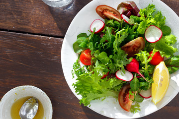 healthy breakfast summer salad brown wooden background top view