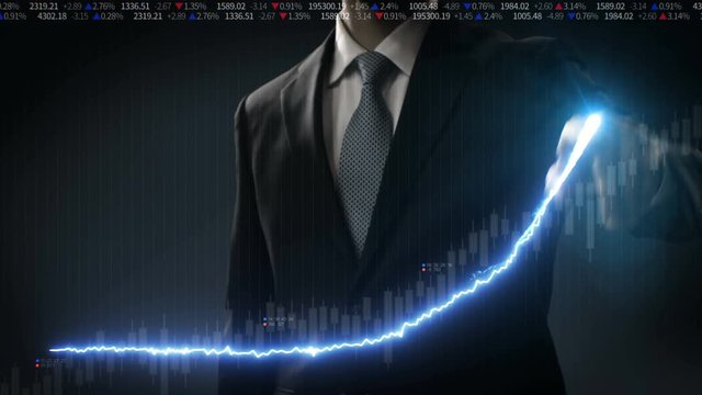 Businessman touched screen, various animated Stock Market charts and graphs. increase blue line. 4k animation.