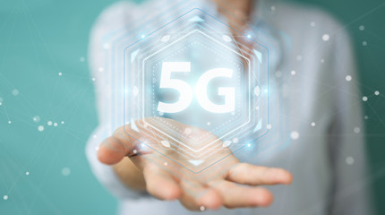 Businesswoman using 5G network interface 3D rendering