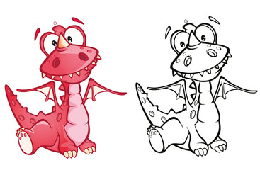Illustration of a Cute Red Dragon. Cartoon Character. Outline Draving