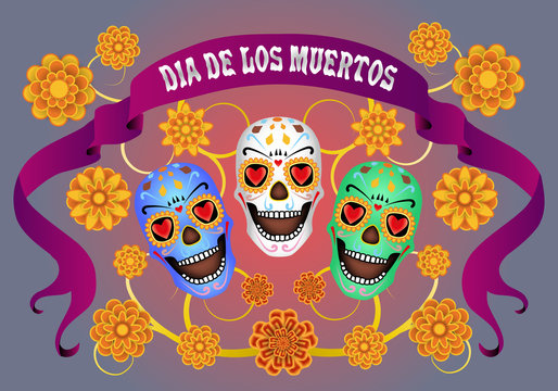 Dia de los Muertos, Day of the Dead, banner with vintage ribbon and the text, color sculls and flowers. Black blue background. Vector illustration.