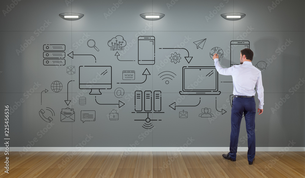 Poster businessman drawing tech devices and icons thin line interface on a wall