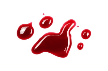 Red wine puddle, droplets isolated on white background, clipping path, top view