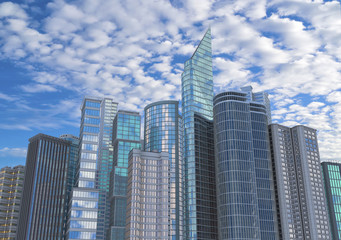 Naklejka premium Skyscrapers in business district against cloudy sky