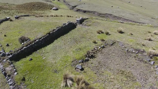 Aerial shot of El Salitre Archaeological Site near Cotopaxi Volcano in the Ecuadorian Andes.  A strategic military fortress from the Inca empire.  Perimeter wall and house sites.