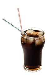 Cola With Ice Cubes And Straws In Glass