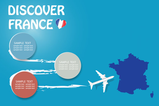 Discover France template vector showing the plane approaching the blind map of France. The pattern has plenty of room for your notes and photos.
