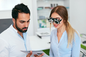 Ophthalmology Clinic. Eye Doctor Testing Woman Eyesight