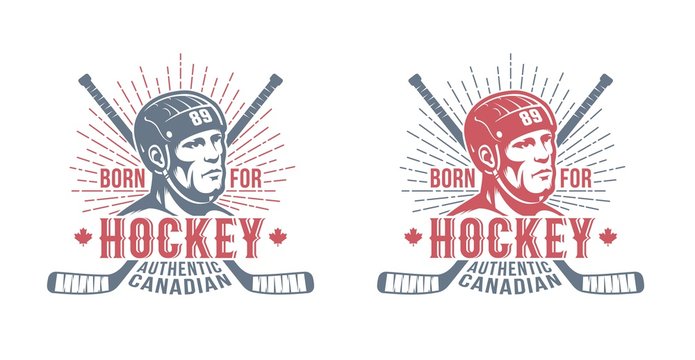 Hockey canadian badge with player and sticks in two colors. Retro vintage style.
